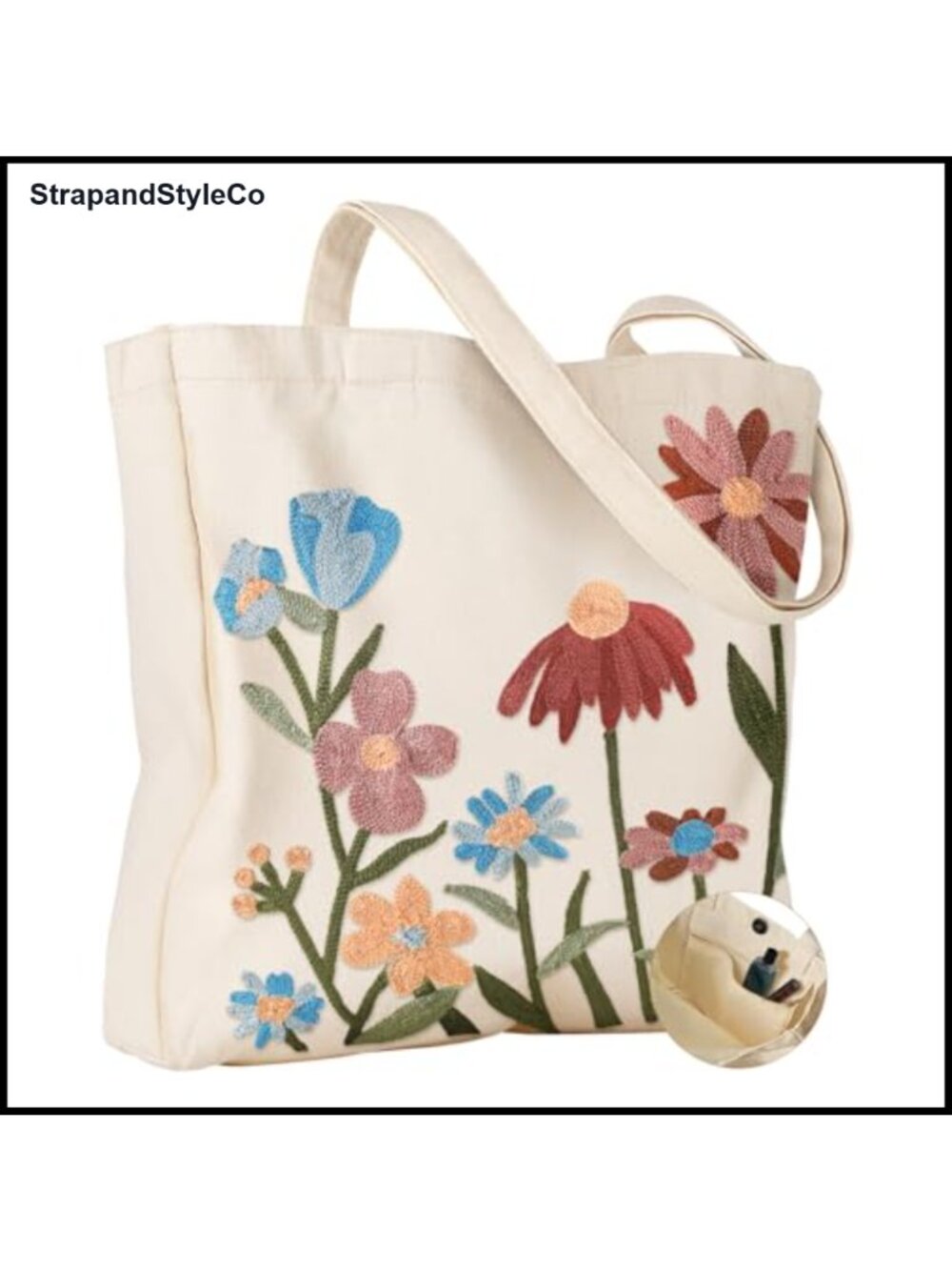 Miss Adola Embroidery Canvas Tote Bag with Pocket & Buckle